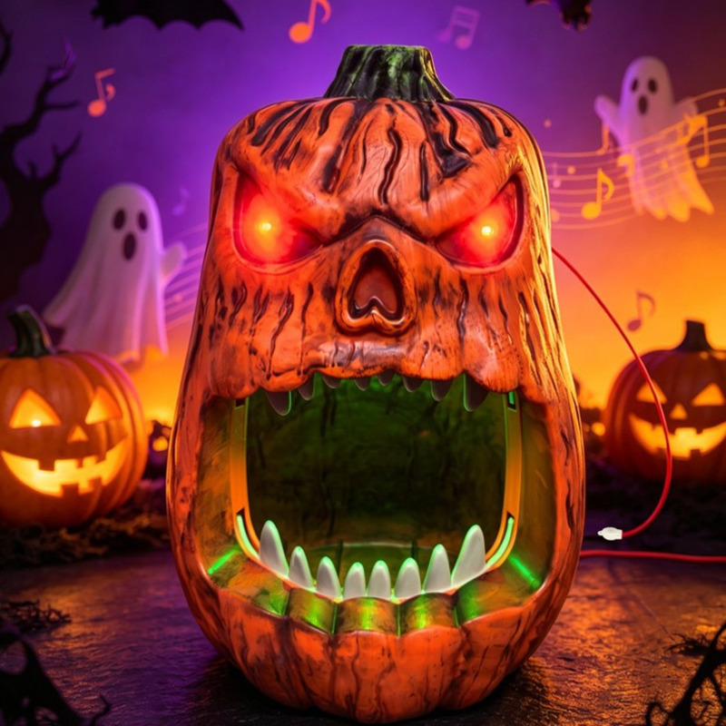 Outdoor Lighting Halloween - ハロウィンLEDライト付きパンプキンキャンディボウル、音声起動スカルフェイスランタン、屋外パーティーのトリック・トリート装飾小道具