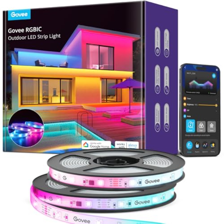 Outdoor Lighting Event - パティオや軒先の装飾用屋外LEDストリップライト、シリコンコーティングされたIP65防水RGBICストリップ（ブラック）、65.6フィートのスマートライト
