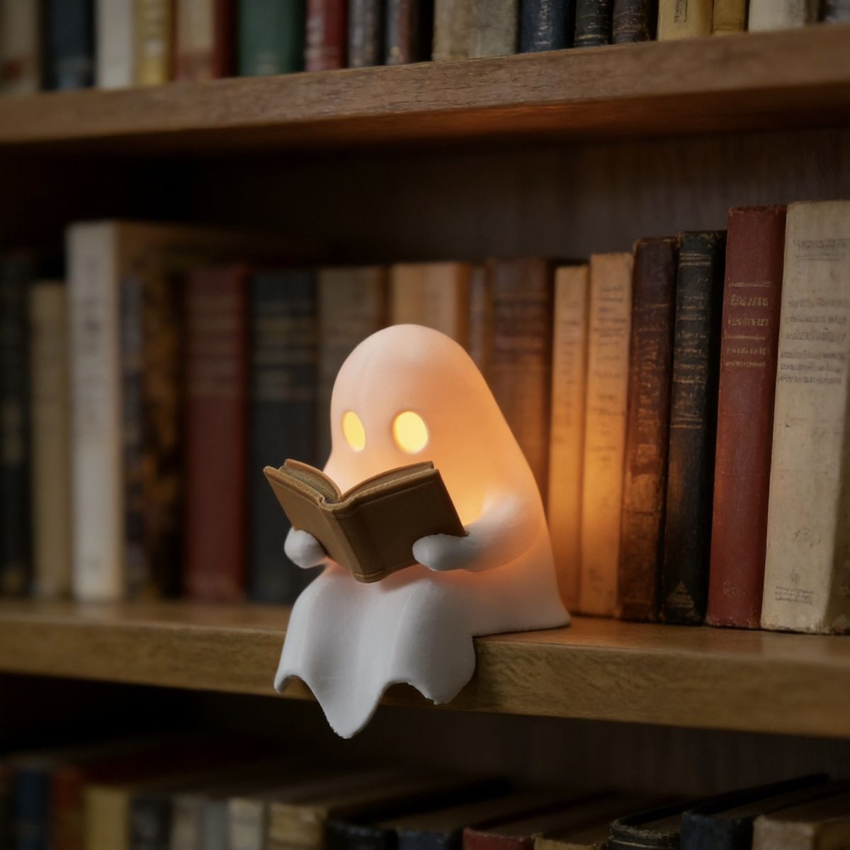 Outdoor Lighting Halloween - かわいい読書中のゴーストLEDナイトライト、電池式、温かみのある光、本棚の置物、ハロウィン、寝室、デスクトップ、雰囲気ランプ、誕生日プレゼント