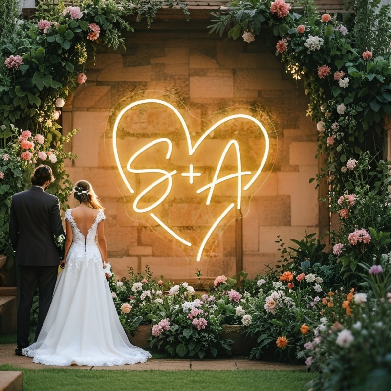 Outdoor Lighting Halloween - カスタムイニシャルハートLEDネオンサイン、結婚式パーティーの背景、家の壁の装飾、カップルへのギフト用のパーソナライズされたネームネオンライト