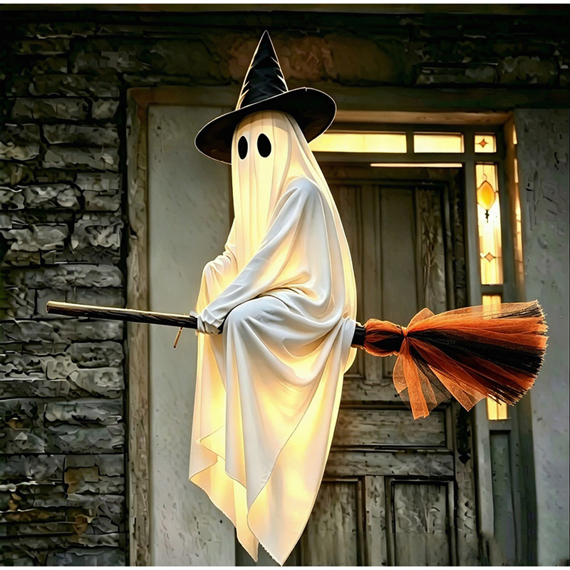 Outdoor Lighting Halloween - ハロウィンのフライングブルームとゴーストデコレーション、温かい光を放つ揺れるゴースト、屋外のホラーハウス用ウィッチブルームの小道具