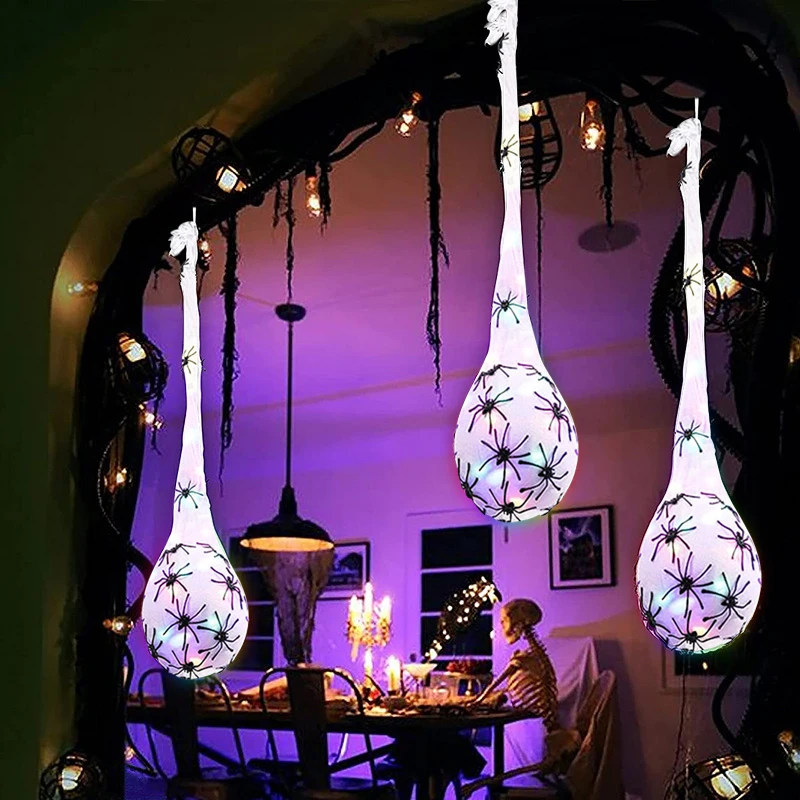 Outdoor Lighting Event - ハロウィン光るクモの卵吊り下げライトアップウェブプロップ 3個セット 不気味な屋外ポーチ芝生壁 ハロウィンパーティーデコレーション