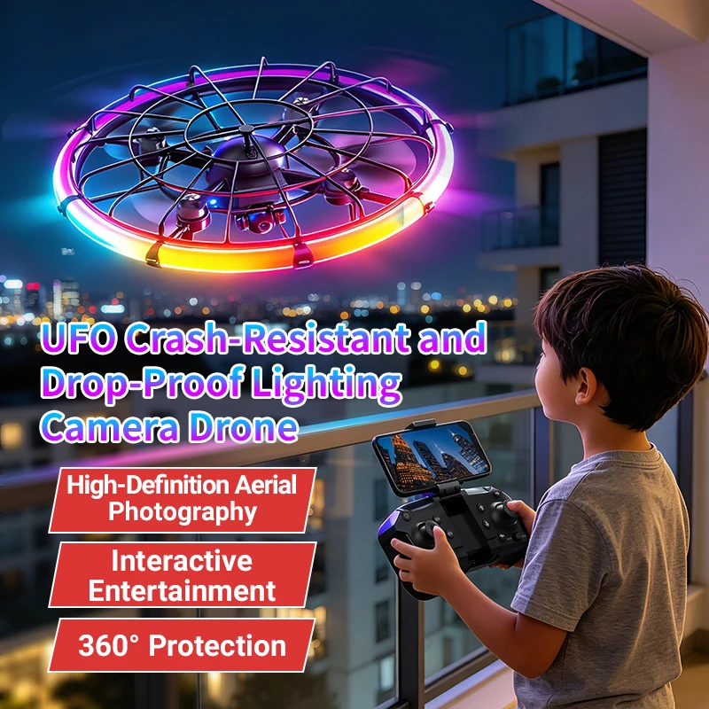 Outdoor Lighting For Photography - JJRC H145 UFO RCドローン、デュアルHDレンズ、RGBフローライト、フルボディプロテクション、空撮クアッドコプター玩具