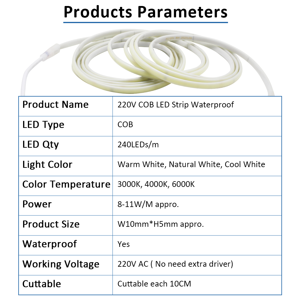 220V IP67防水COB LEDストリップ 3000K  - Outdoor Lighting Extension Cord のレビューと価格