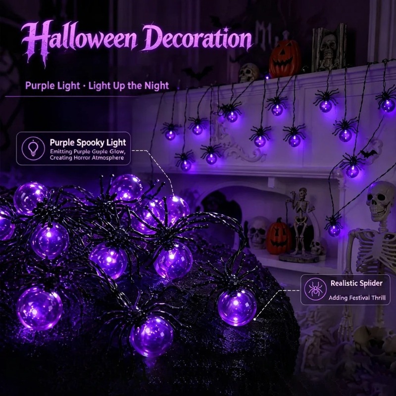 電池式スパイダーLEDストリングライト、ハロウィン屋外装飾、 - Outdoor Lighting Halloween のレビューと価格