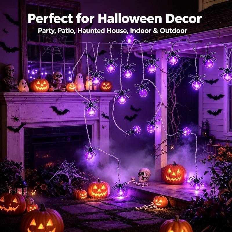 電池式スパイダーLEDストリングライト、ハロウィン屋外装飾、 - Outdoor Lighting Halloween のレビューと価格