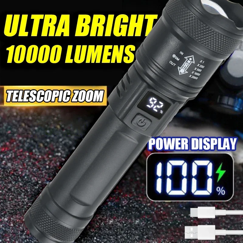 バッテリーディスプレイ付きの強力なLED懐中電灯,USB充電 - Outdoor Lighting Battery Operated のレビューと価格