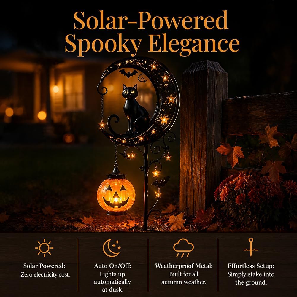ソーラーハロウィン黒猫＆パンプキンムーンガーデンステークライ - Outdoor Lighting Halloween のレビューと価格