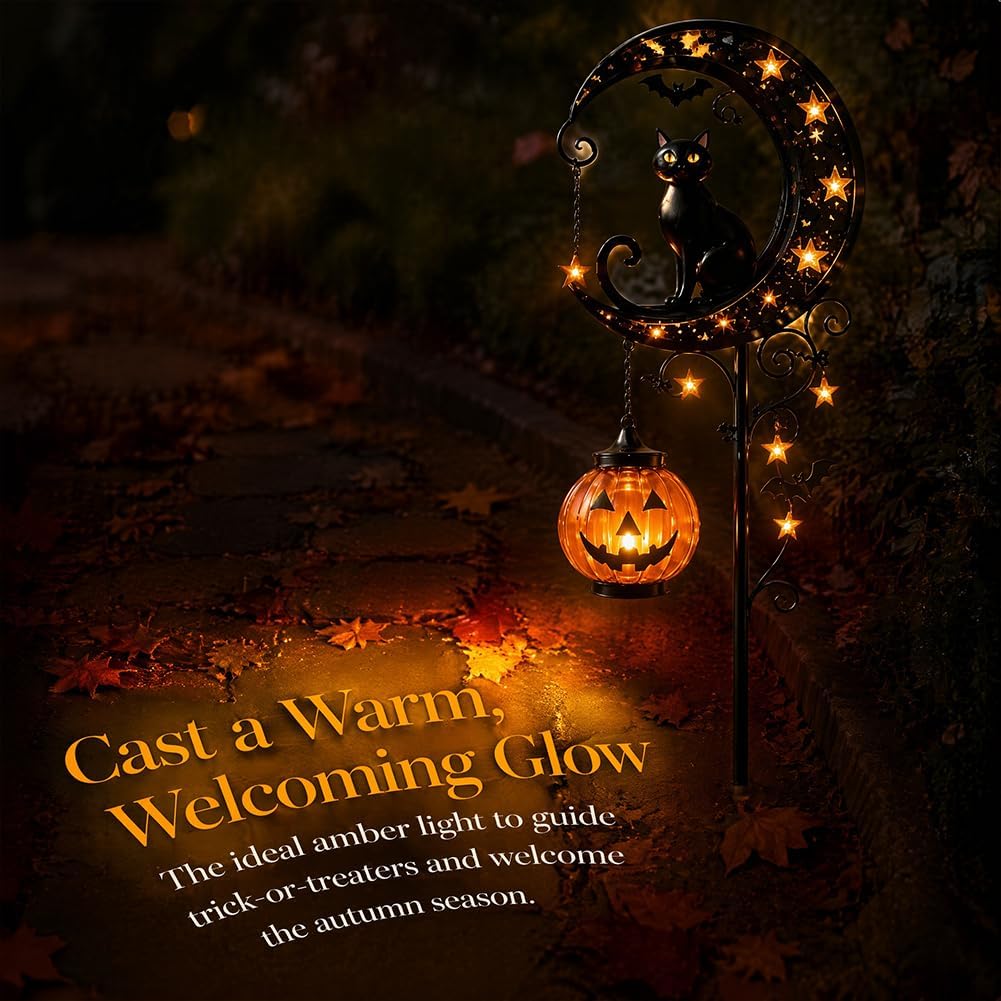ソーラーハロウィン黒猫＆パンプキンムーンガーデンステークライ - Outdoor Lighting Halloween のレビューと価格