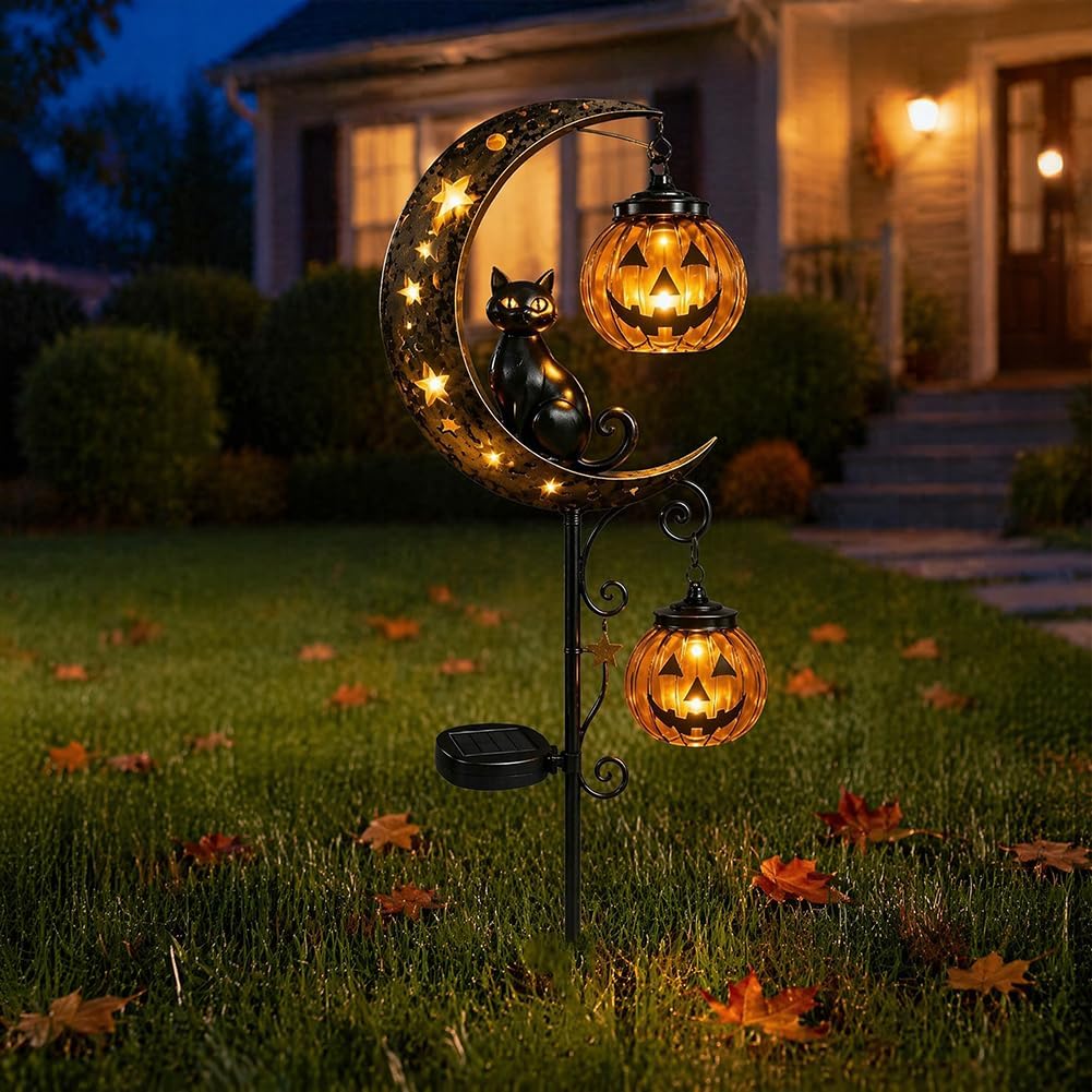ソーラーハロウィン黒猫＆パンプキンムーンガーデンステークライ - Outdoor Lighting Halloween のレビューと価格